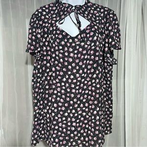 Lane Bryant Floral Ruffled Tie Collar Crepe Short Sleeved Blouse Plus Size 18